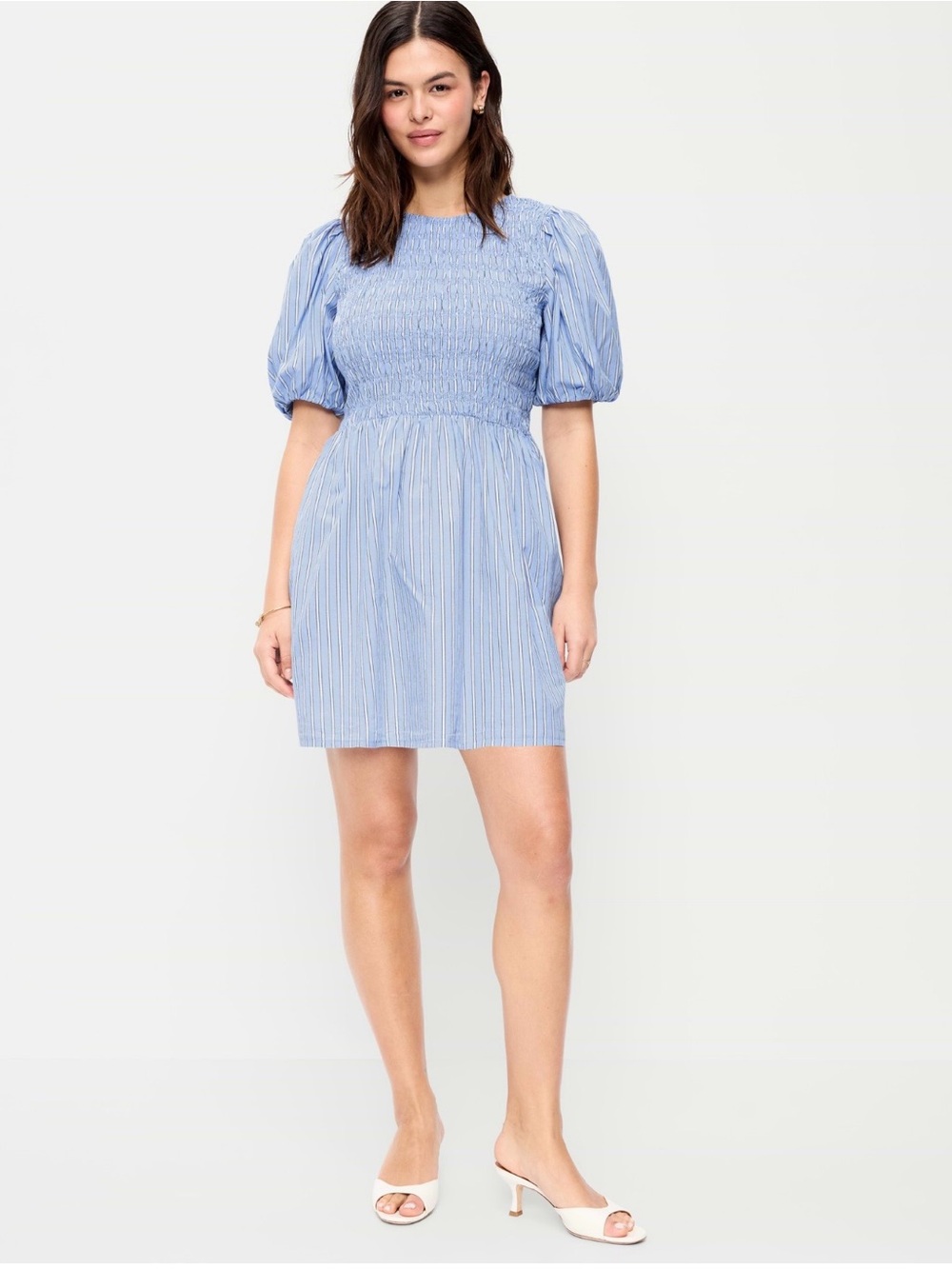 Blue Smocked Puff-Sleeve  Dress